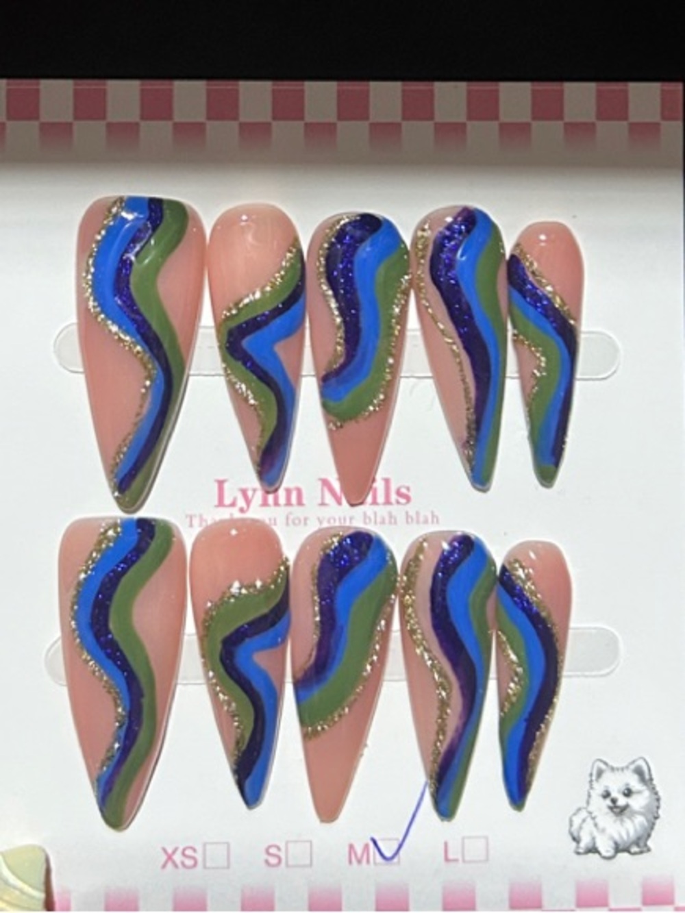 Peach Swirl Press-On Nails with Blue & Green Waves